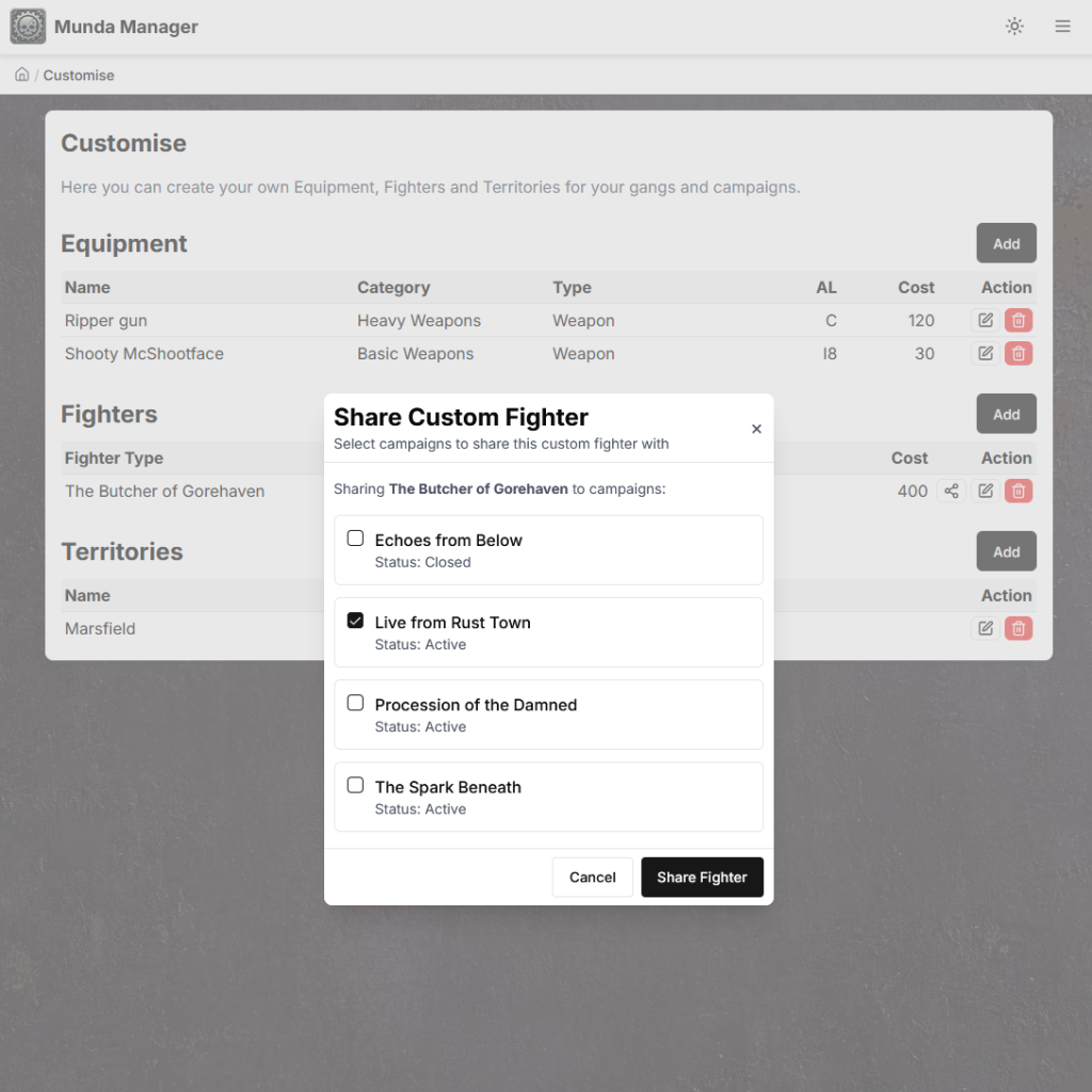 Munda Manager share custom fighter